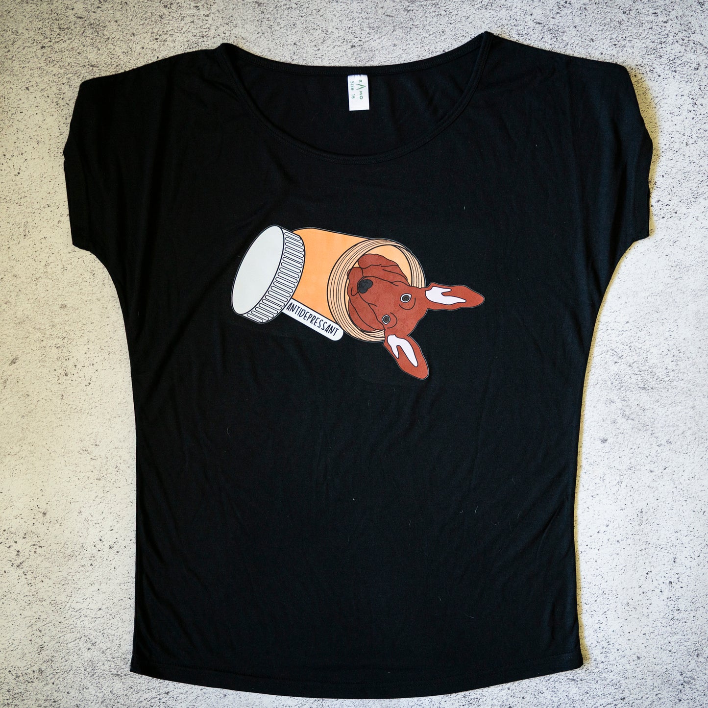 SAMPLE: Antidepressant Red Dachshund Womens Bat-wing T-shirt - 16