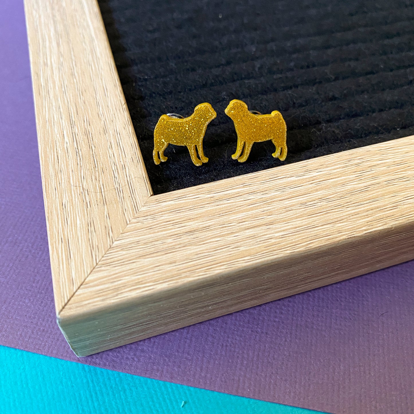 Pug Silhouette Stud Earrings, Gold Glitter
