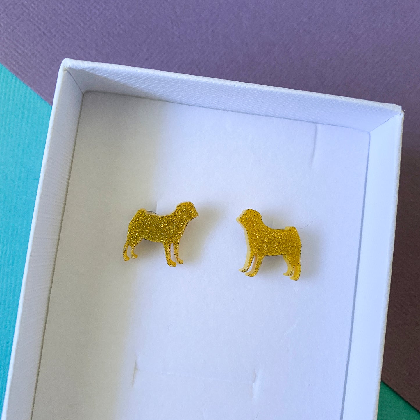 Pug Silhouette Stud Earrings, Gold Glitter