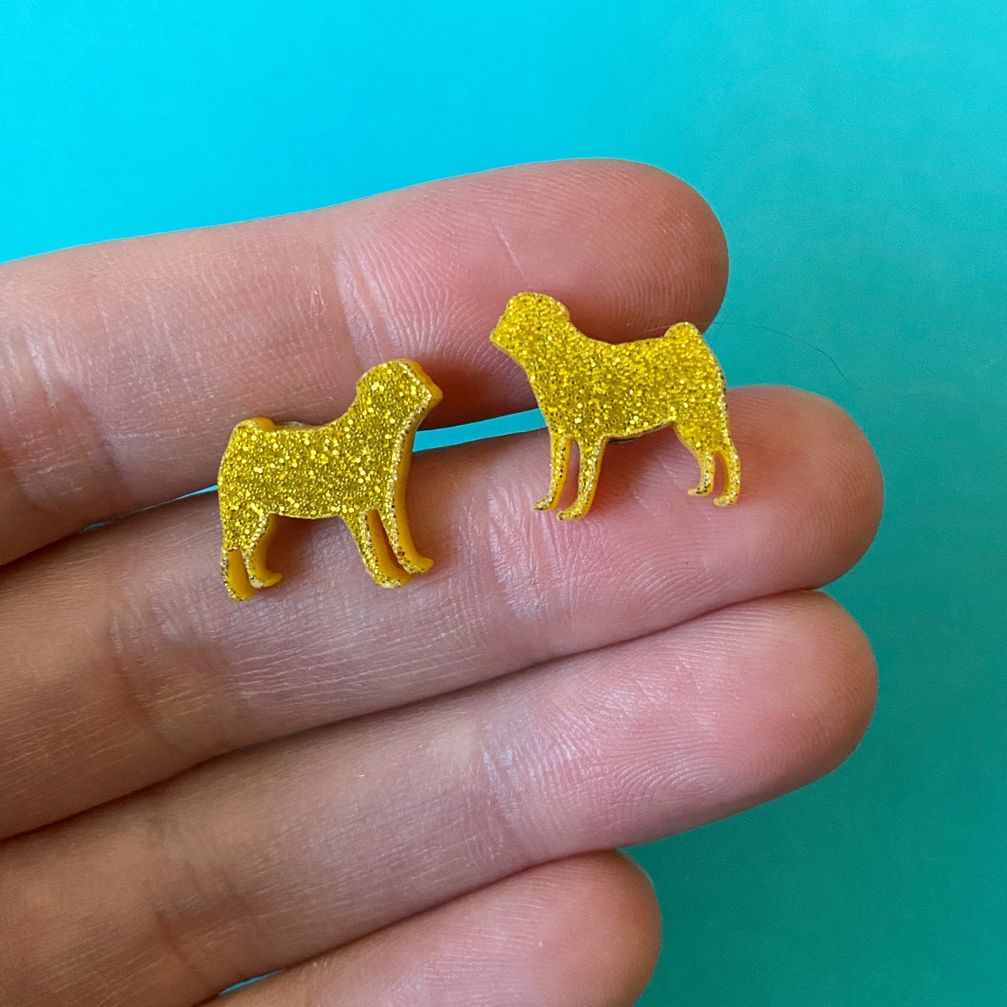 Pug Silhouette Stud Earrings, Gold Glitter