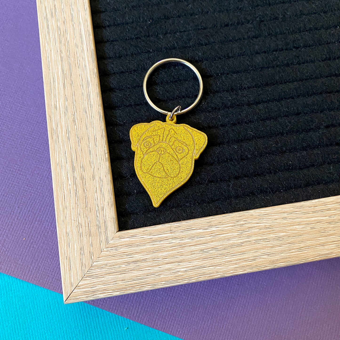 Pug Face Keyring, Gold Glitter - Small