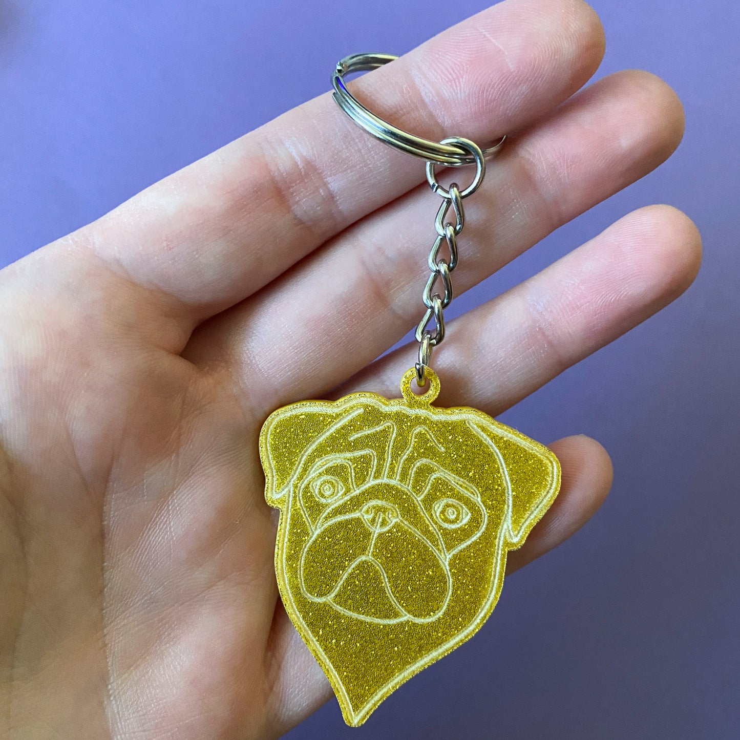 Pug Face Keyring, Gold Glitter - Large