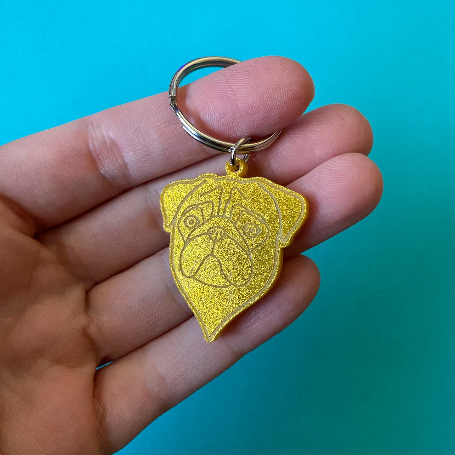 Pug Face Keyring, Gold Glitter - Small