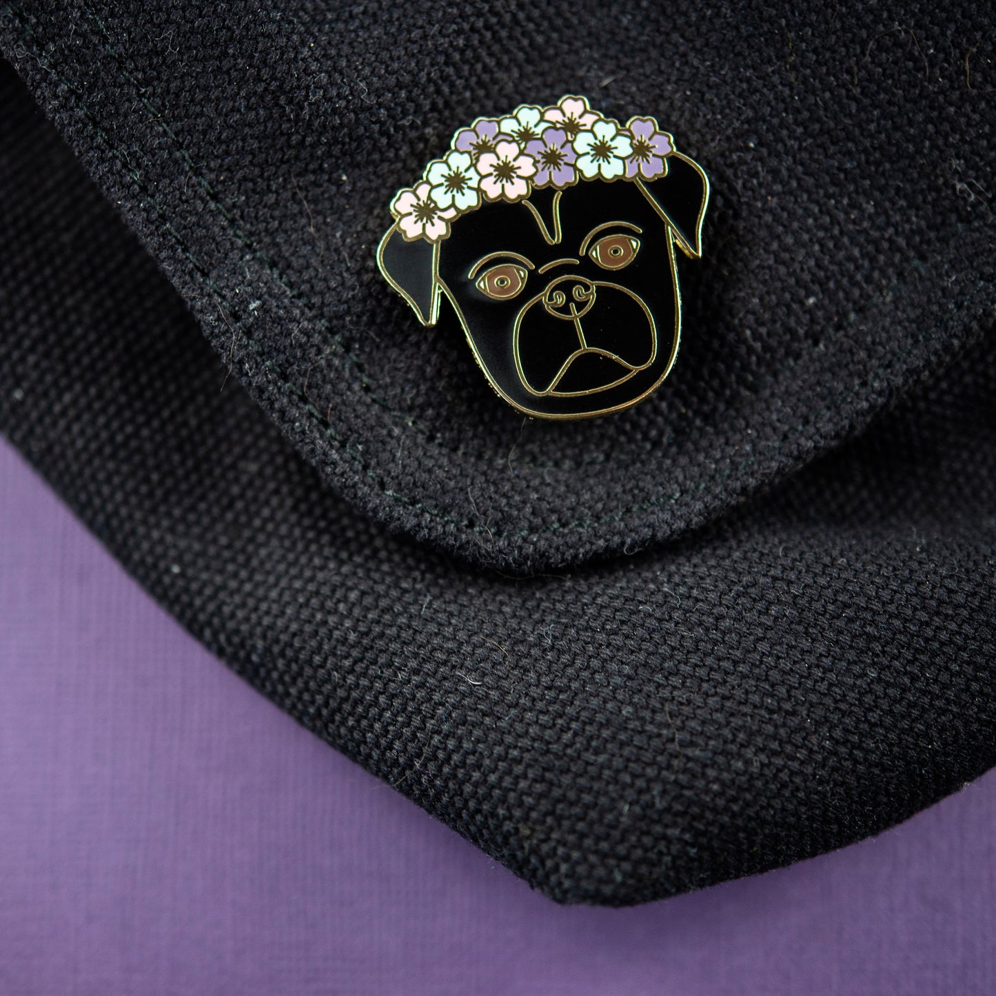 Black Flower Crown Pug Enamel Pin
