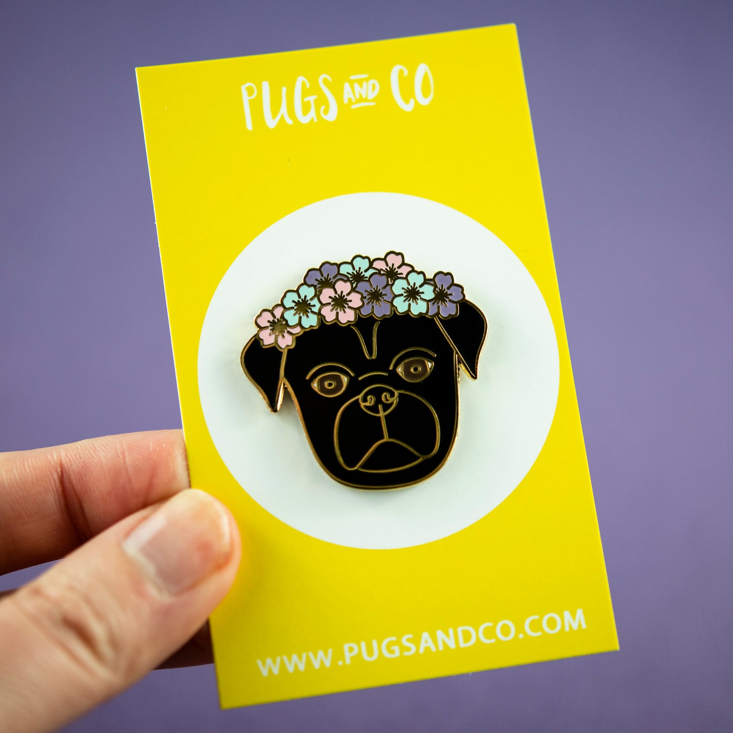 Black Flower Crown Pug Enamel Pin