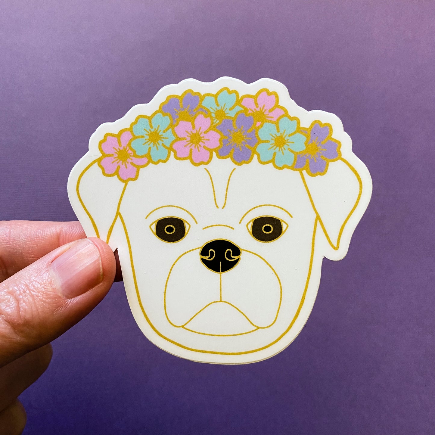 White Flower Crown Pug 3" Sticker