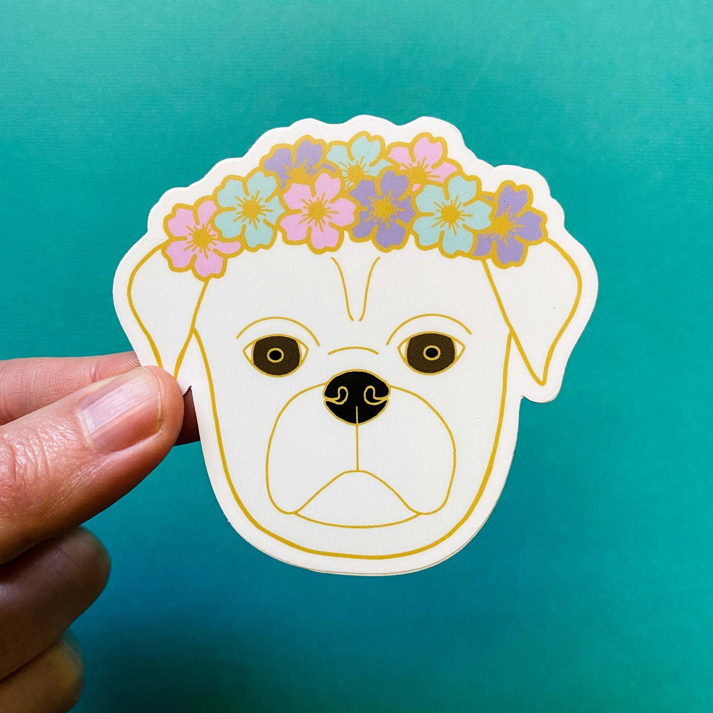 White Flower Crown Pug 3" Sticker