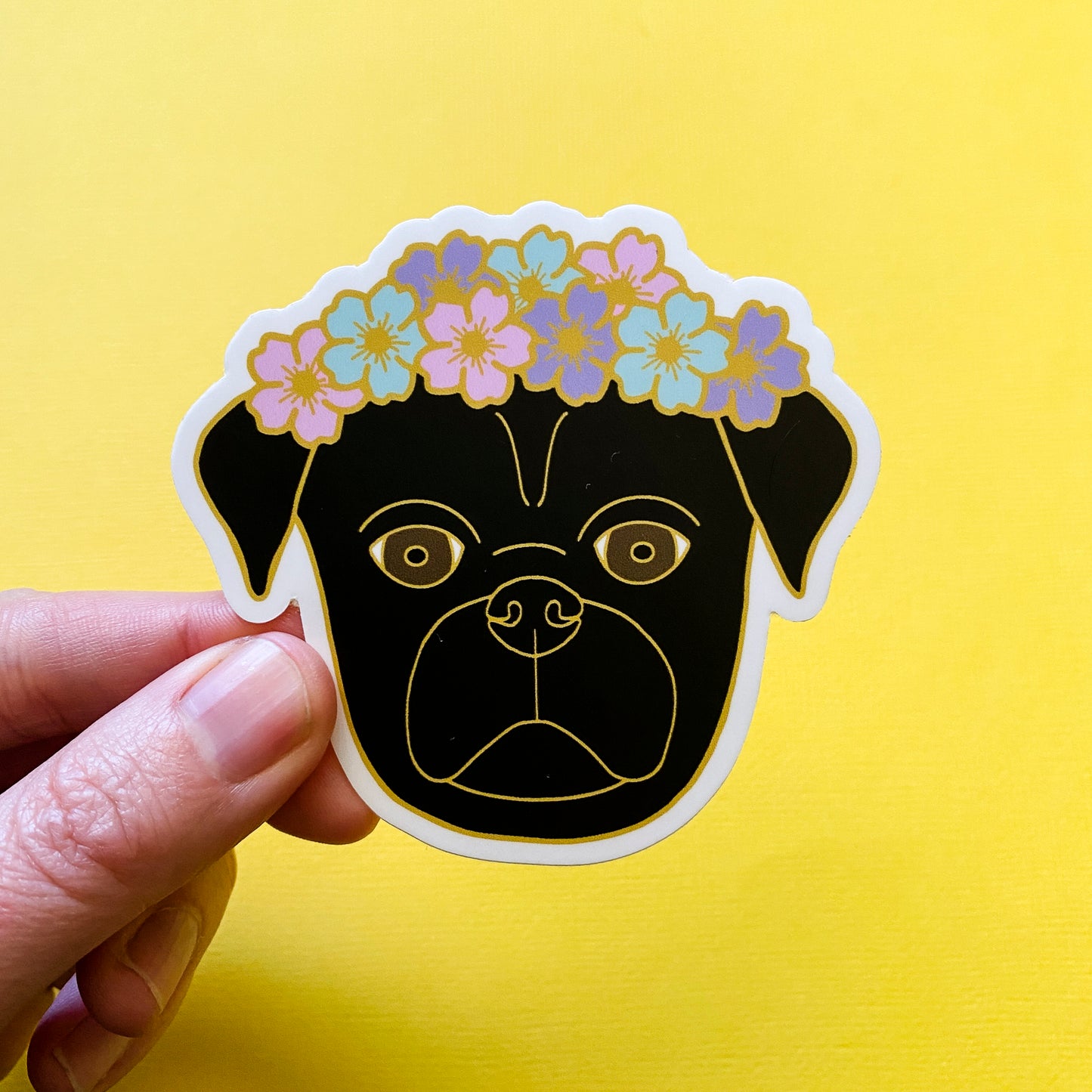 Black Flower Crown Pug 3" Sticker