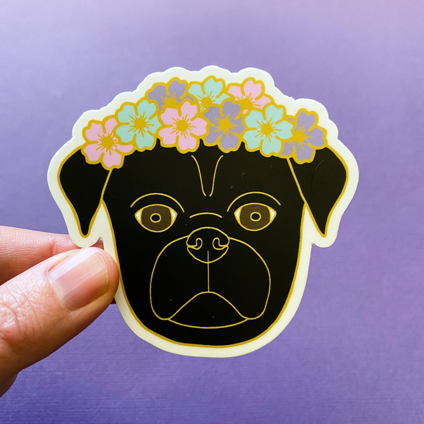 Black Flower Crown Pug 3" Sticker