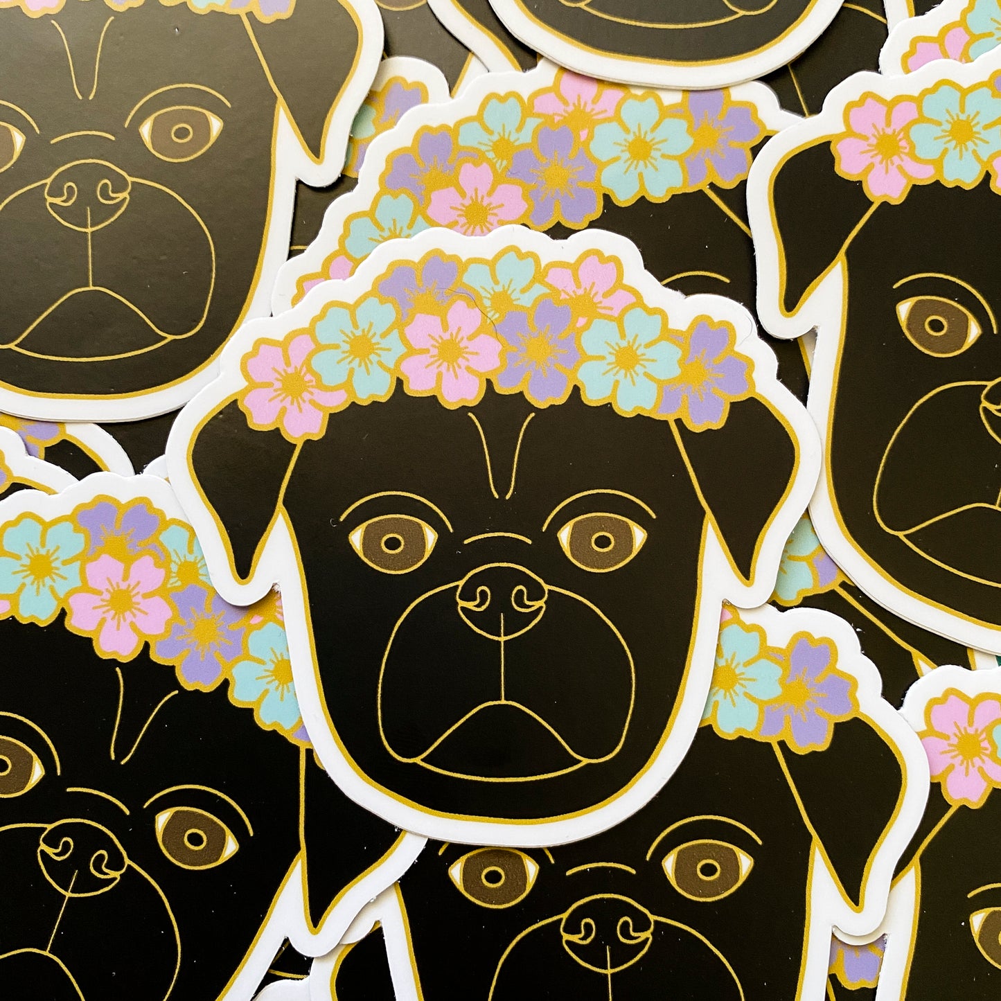 Black Flower Crown Pug 3" Sticker