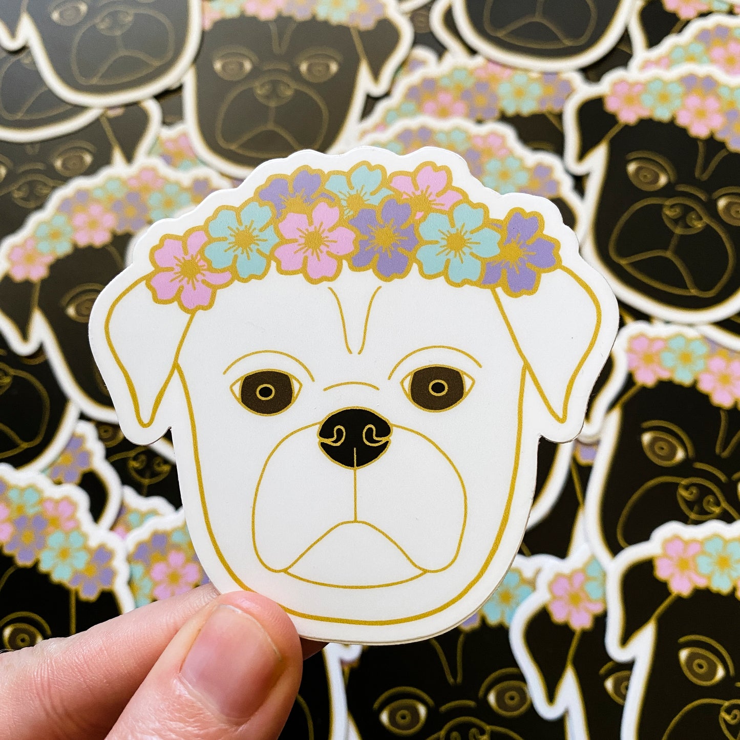 White Flower Crown Pug 3" Sticker