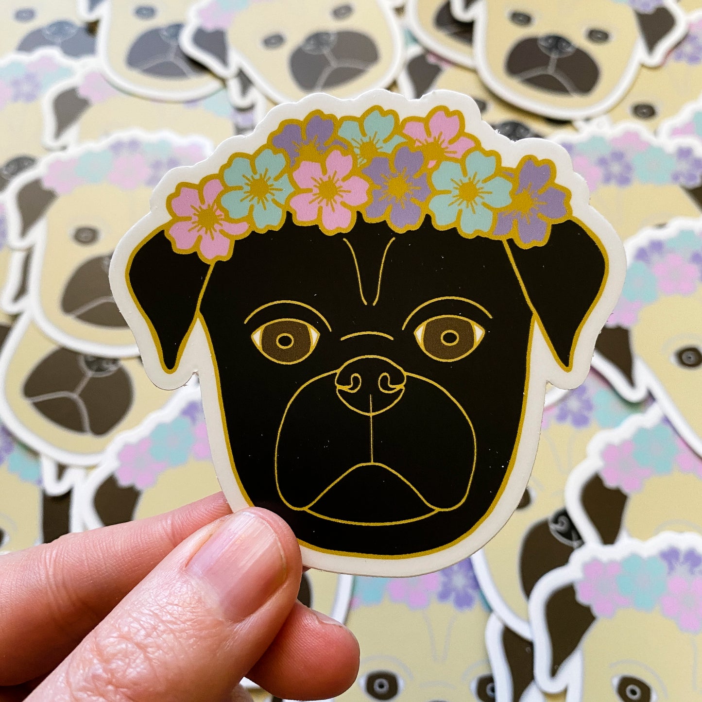 Black Flower Crown Pug 3" Sticker