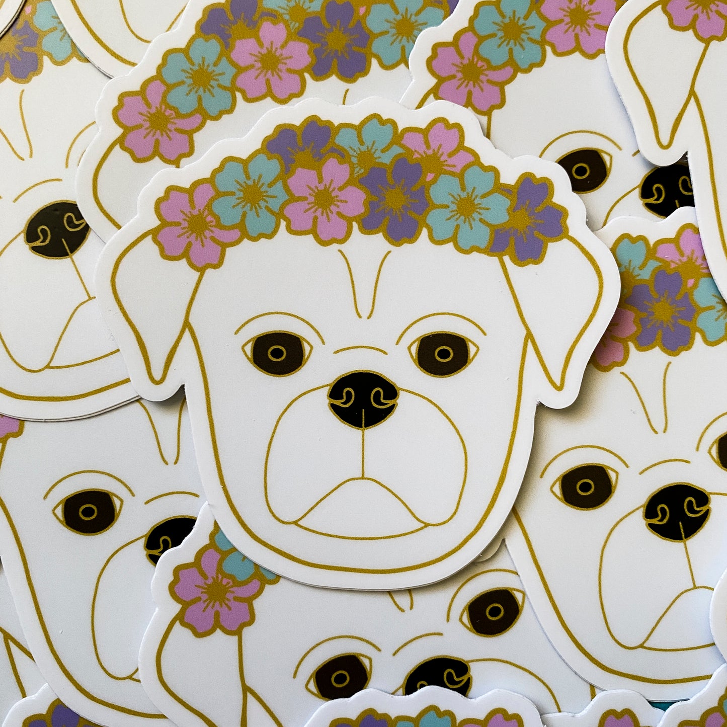 White Flower Crown Pug 3" Sticker