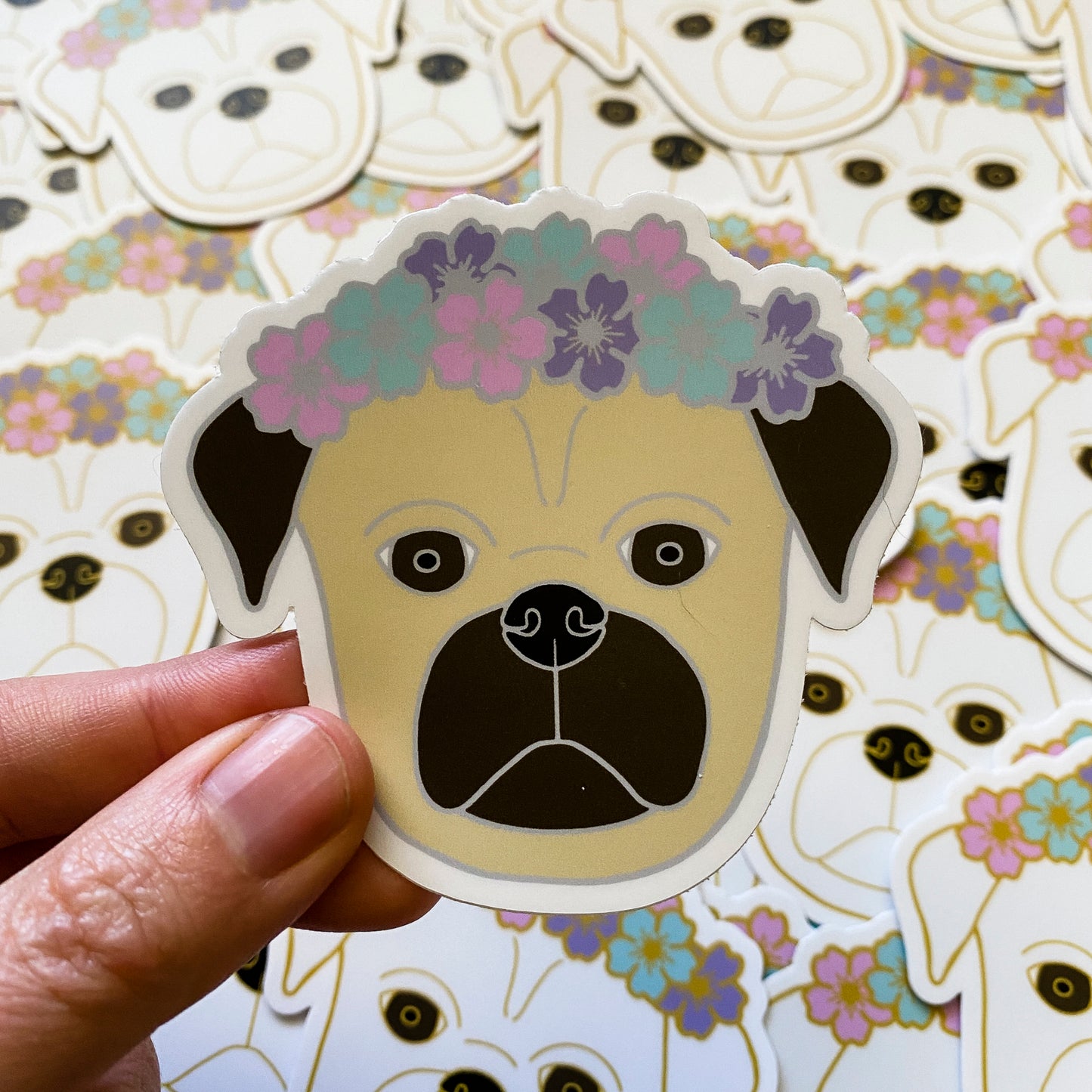 Fawn Flower Crown Pug 3" Sticker