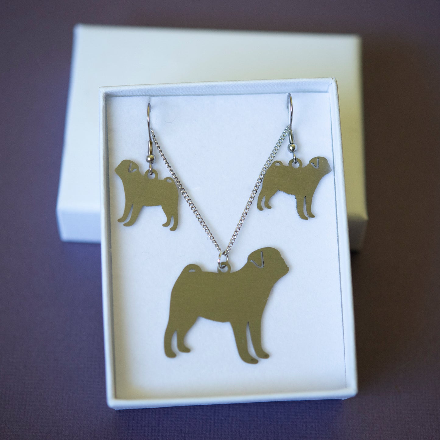 Pug Silhouette Necklace & Earrings Set