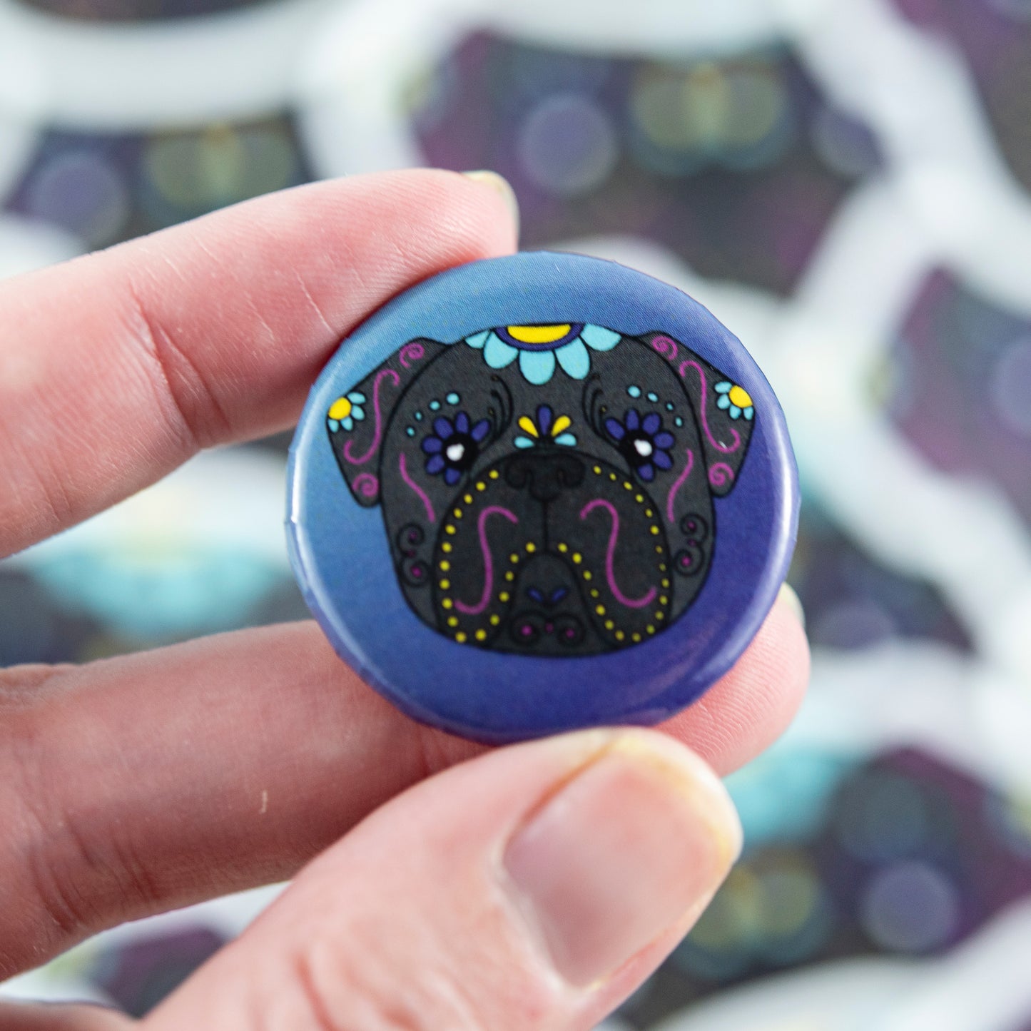 Sugar Skull Pug Badge