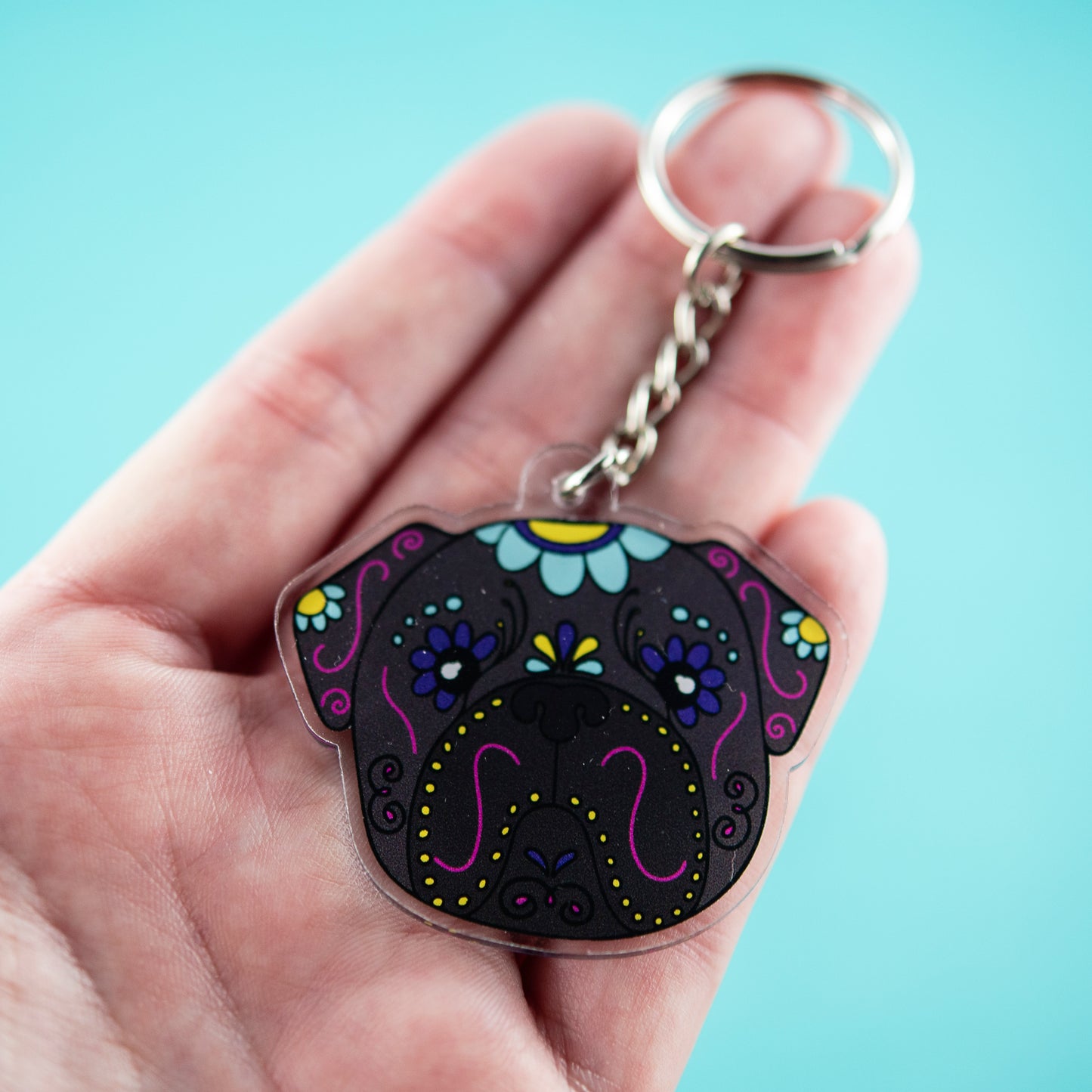 Sugar Skull Pug Keyring