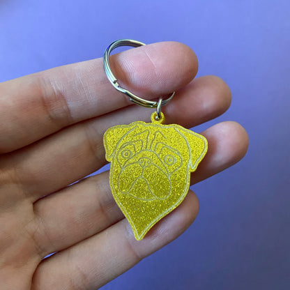 Pug Face Keyring, Gold Glitter - Small