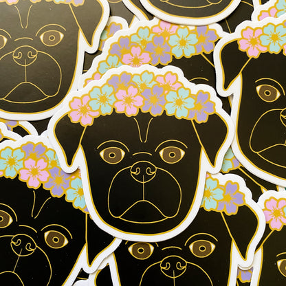 Black Flower Crown Pug Sticker