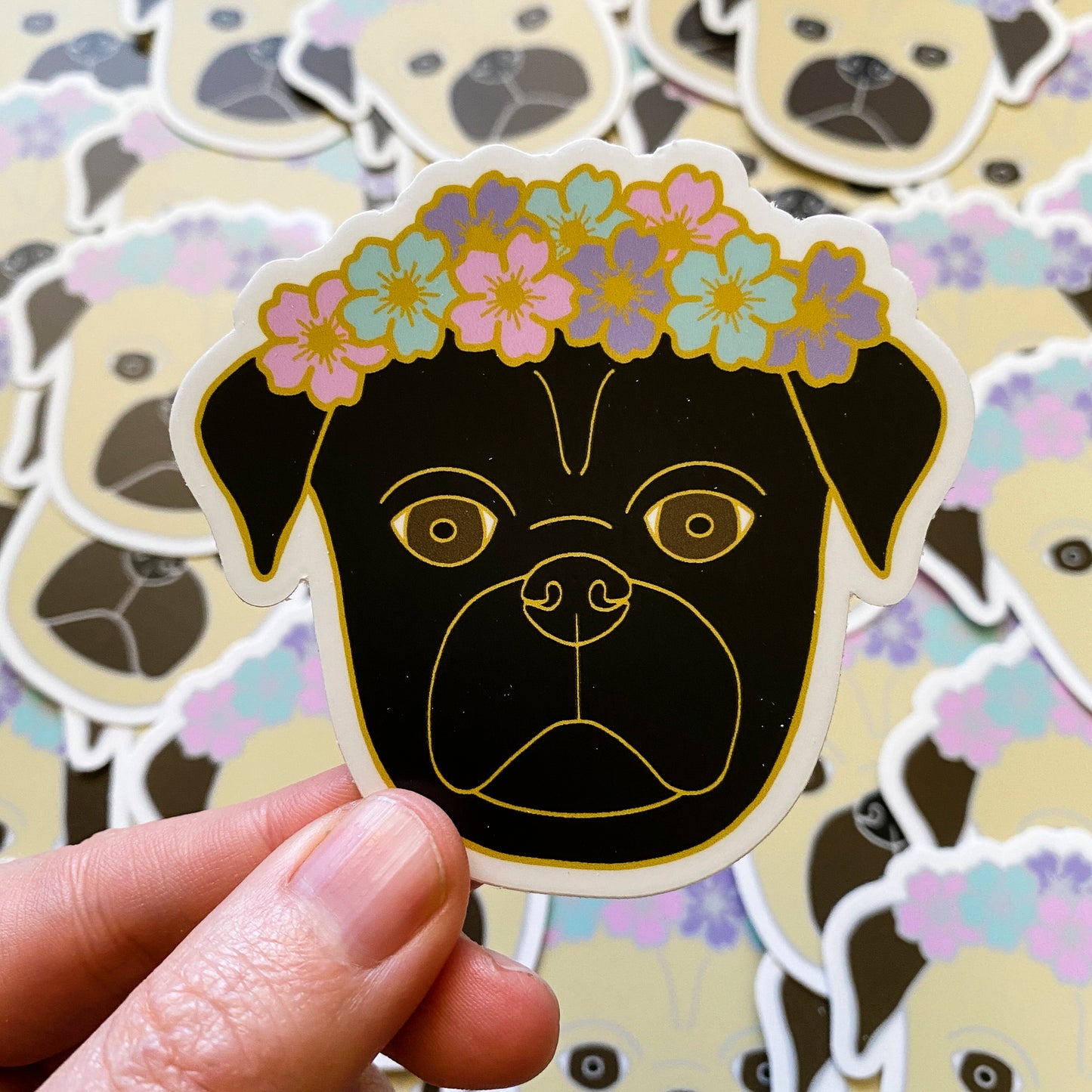 Black Flower Crown Pug Sticker