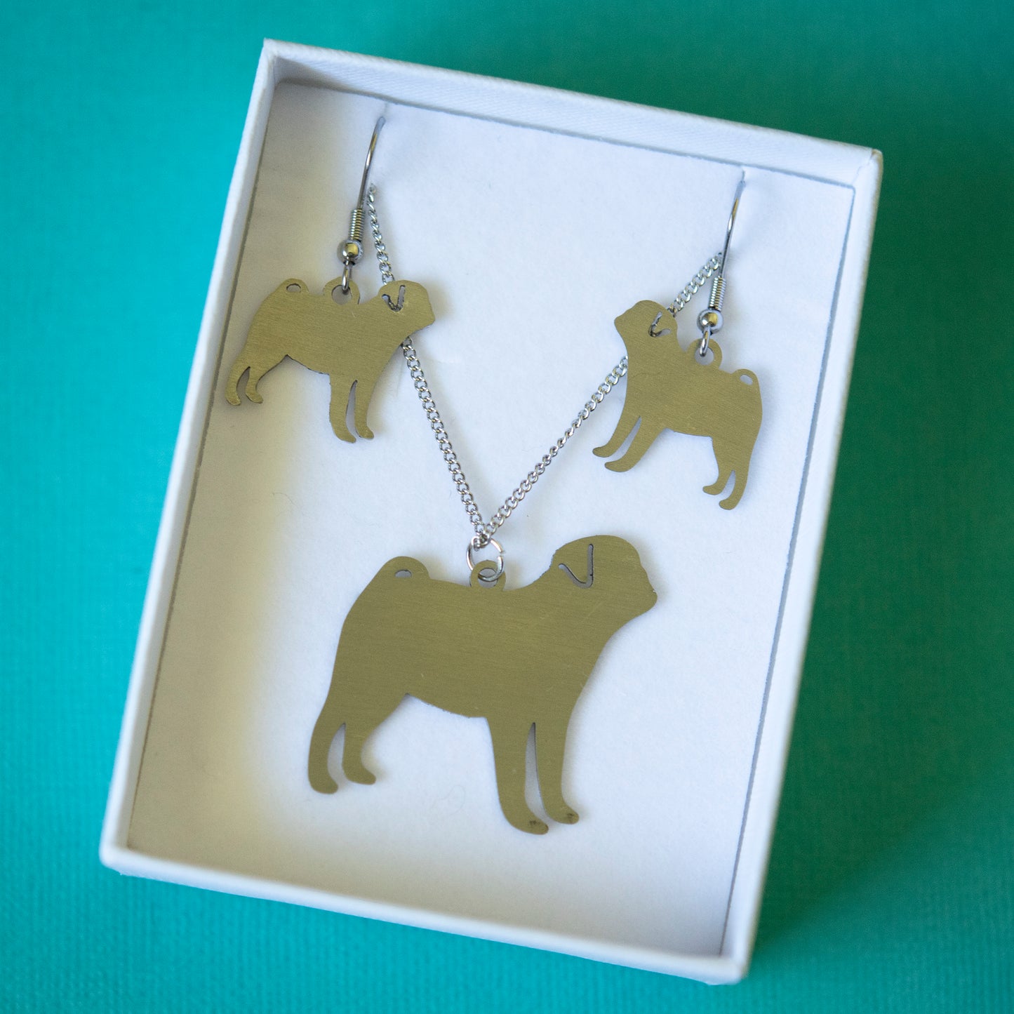 Pug Silhouette Necklace & Earrings Set