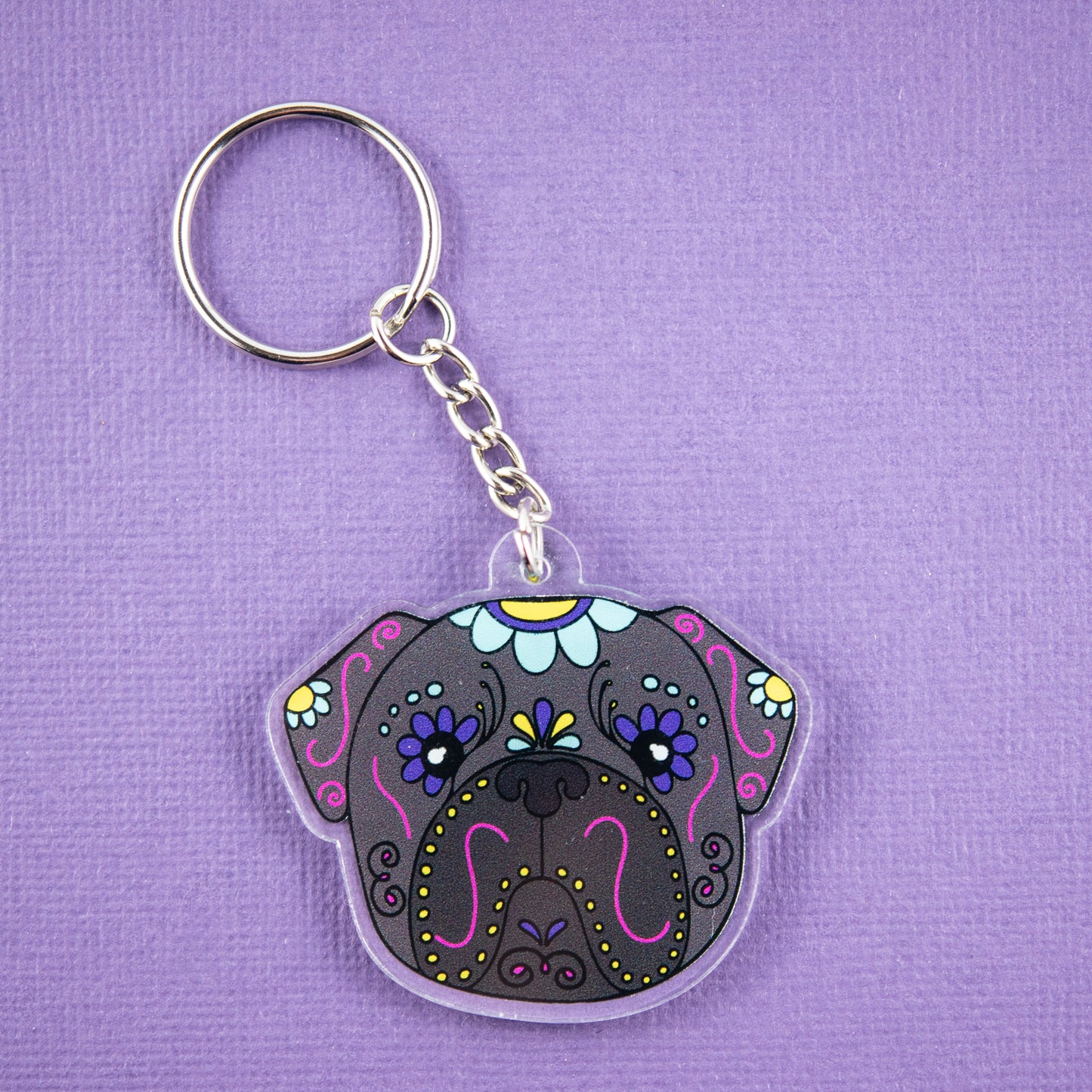 Sugar Skull Pug Keyring